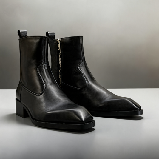 Black Leather Zipper Chelsea Boots