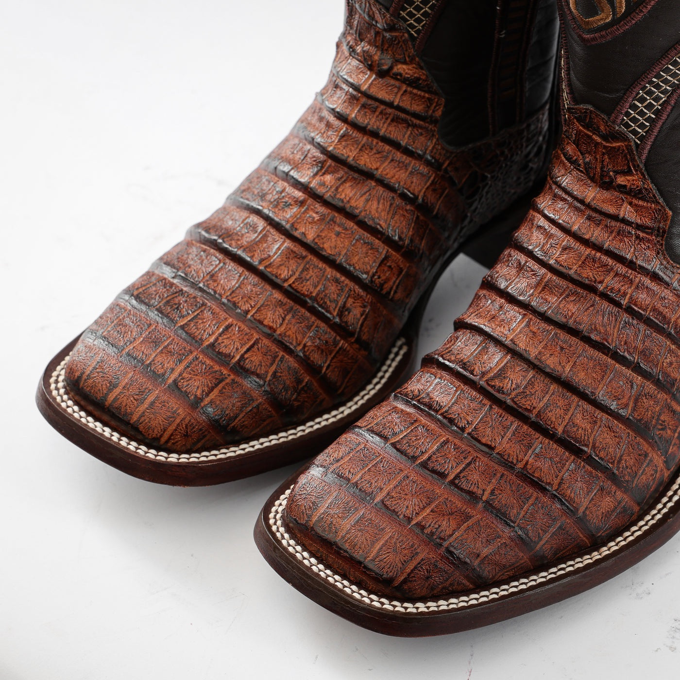 Cognac Caiman Belly Leather Boots - Square Toe