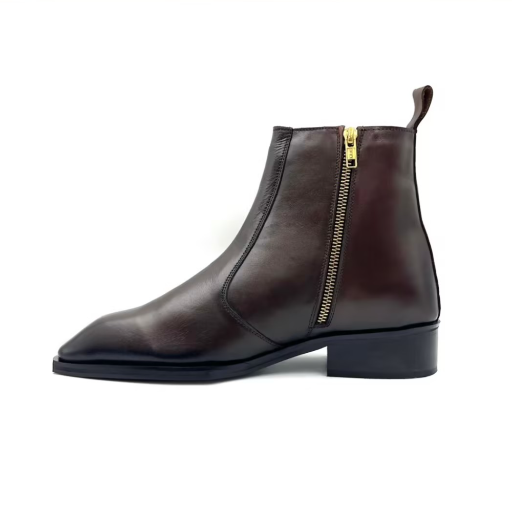 Brown Leather Square-Toe Zipper Chelsea Boots
