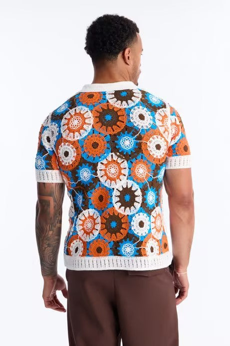 Floral Crochet Johnny-Collar Polo Shirt & Brown Trousers Set