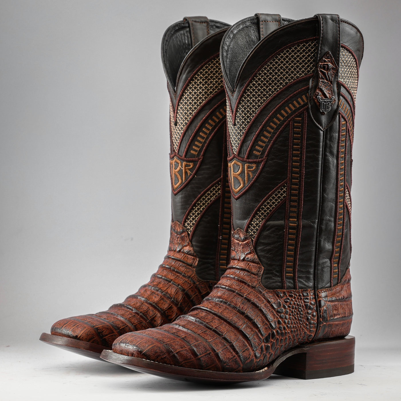 Cognac Caiman Belly Leather Boots - Square Toe